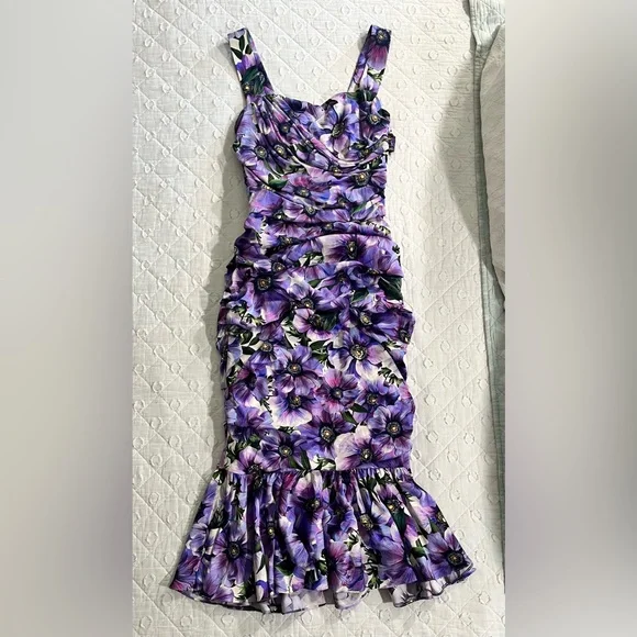 DOLCE & GABBANA PURPLE FLORAL PRINT SILK PENCIL DRESS- SIZE 42 (US 6) - Picture 2 of 14